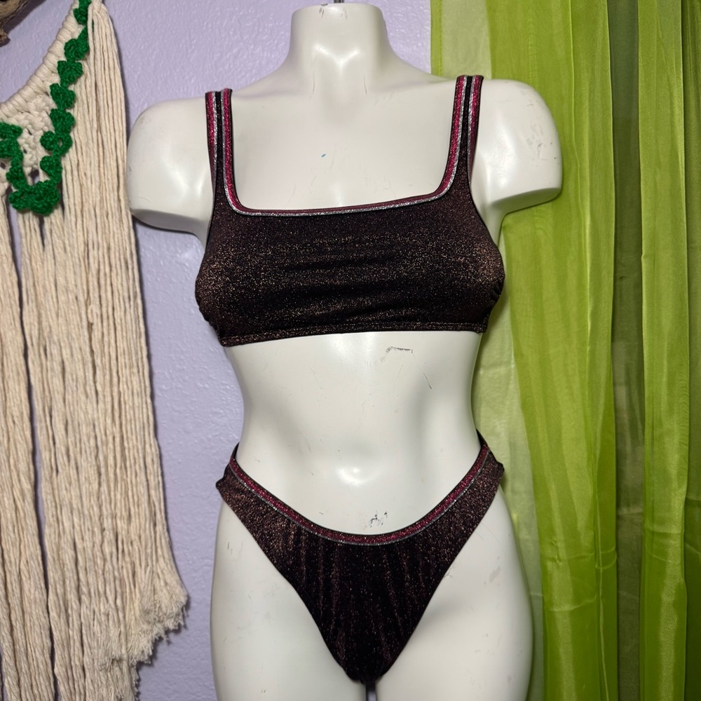 Xhilaration Black Shimmer Bikini with Pink Trim